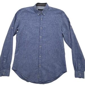 ZARA MAN Slim Fit Chambray Shirt Medium Blue Button Up Long Sleeve Linen?Blend?